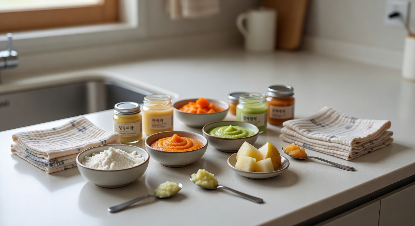 variety of small portion baby food ingredients arranged on a kitchen countertop
