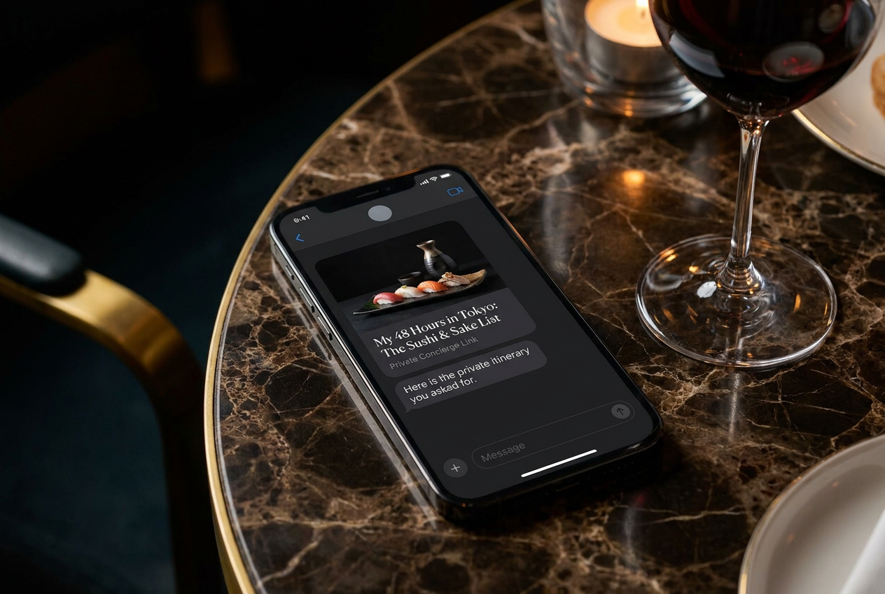 A smartphone on a marble table displaying a private, curated restaurant itinerary link being shared via a text message interface.