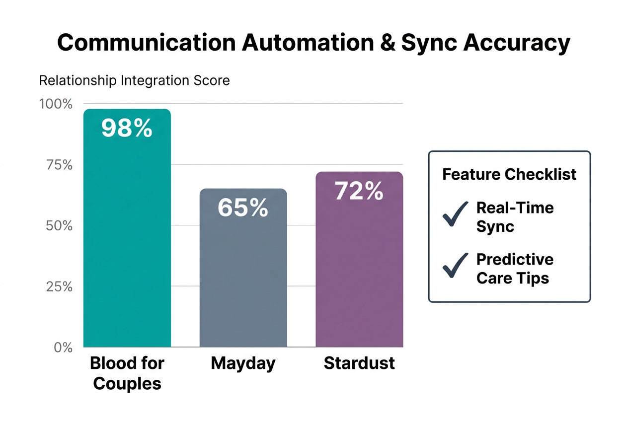 A bar chart comparing Blood for Couples, Mayday, and Stardust apps based on communication automation and sync accuracy scores for relationships.