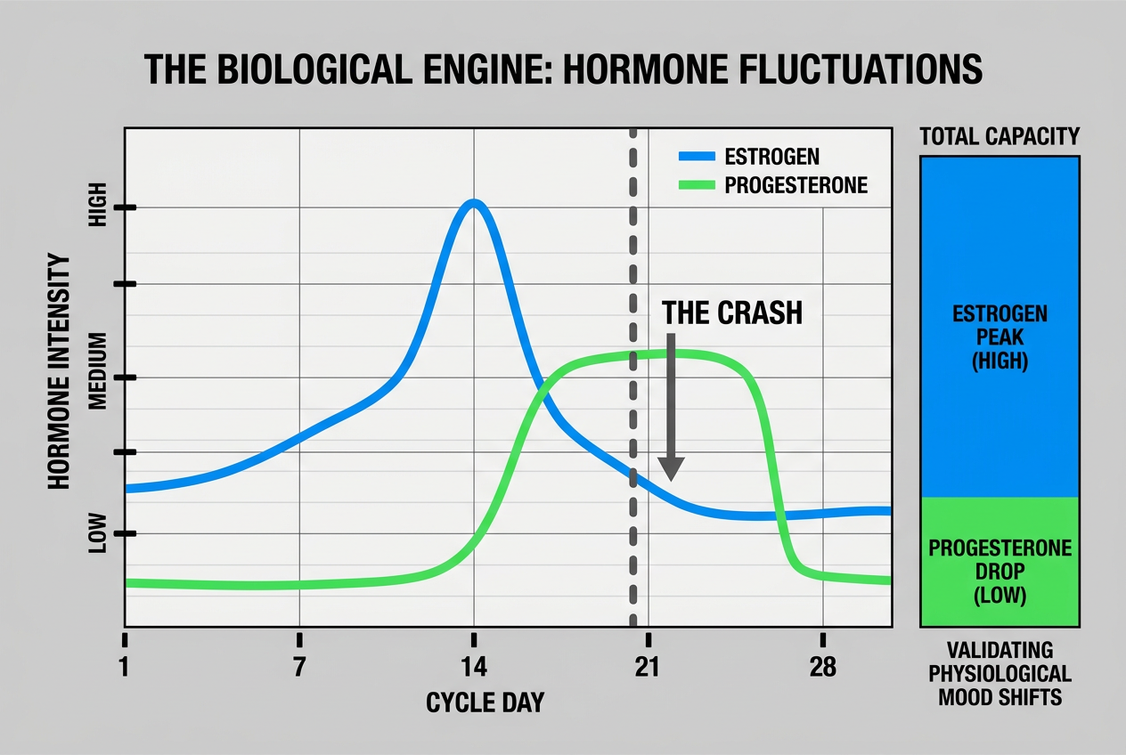 Line graph illustrating the fluctuation of Estrogen and Progesterone levels over a 28-day cycle, highlighting ’The Crash’ at day 21.