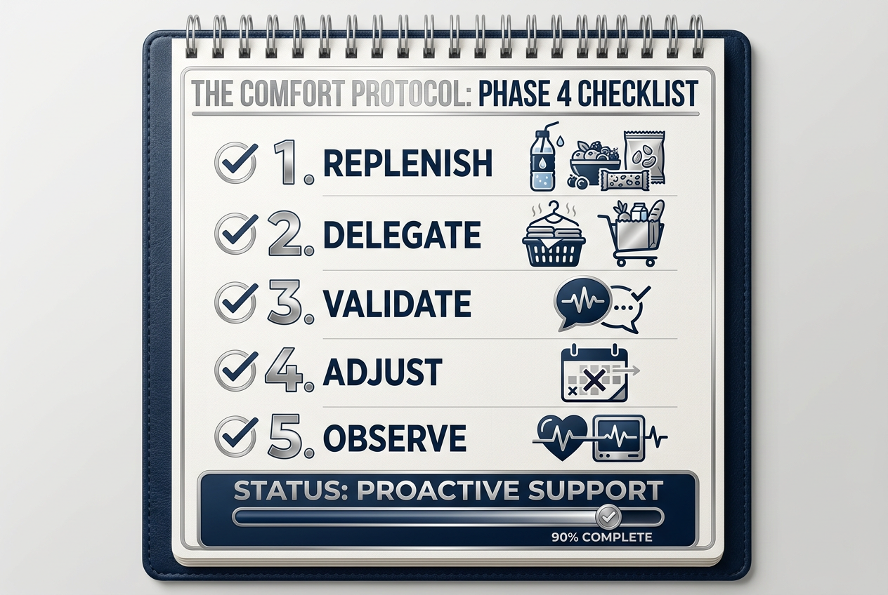 A five-step ’Comfort Protocol’ checklist for partners to follow during the final phase of the menstrual cycle to provide support.