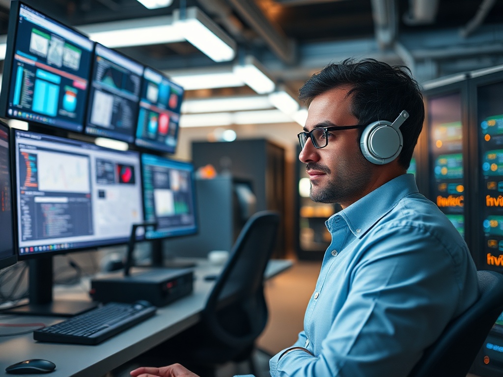 Illustration of a person managing server hardware for self-hosting benefits and risks.