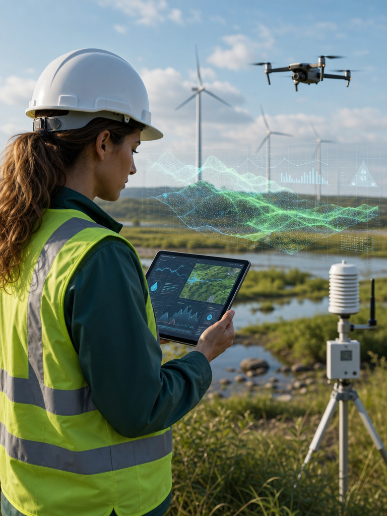Equipe ambiental analisando dados com apoio de IA