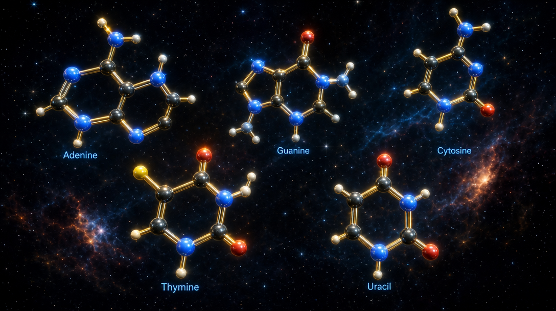 Les 5 nucléobases de l'ADN et l'ARN visualisées en 3D dans l'espace