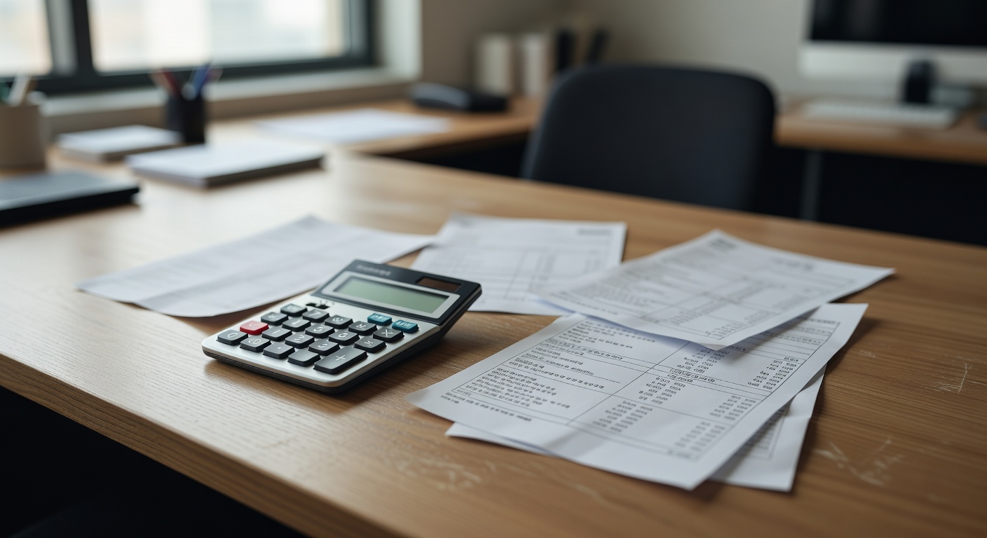 calculator and payslip documents on a wooden office desk