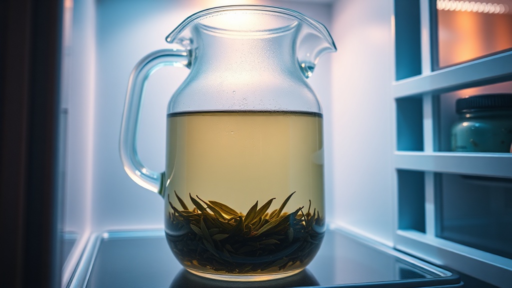 Pichet de thé vert en cold brew infusant lentement au réfrigérateur pendant la nuit