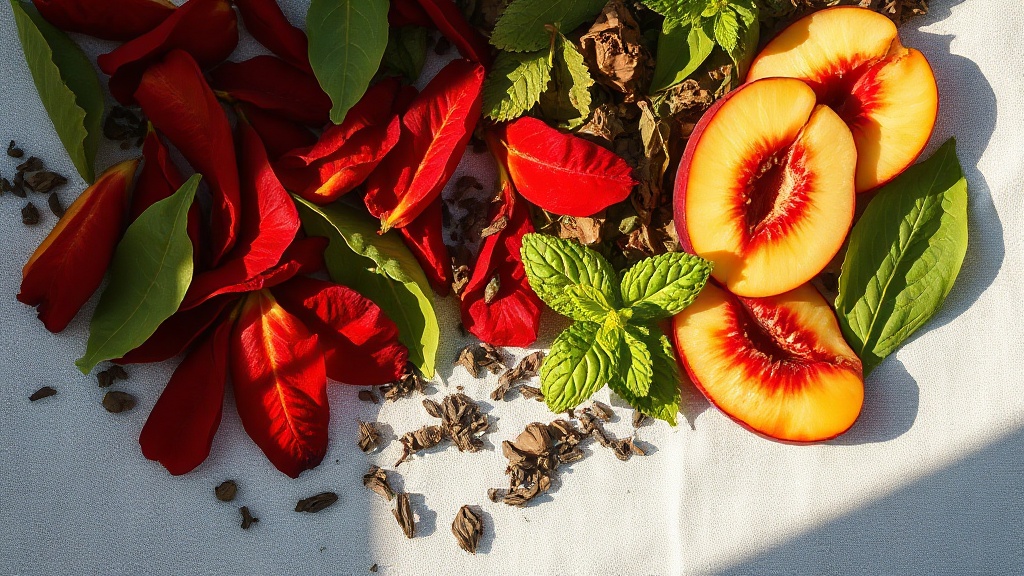 Assortiment de thés et herbes pour infusions d'été : hibiscus, menthe, thé vert, pêche séchée
