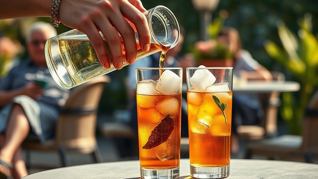 Service d'un thé d'été glacé versé dans un grand verre avec des glaçons et une branche de menthe fraîche