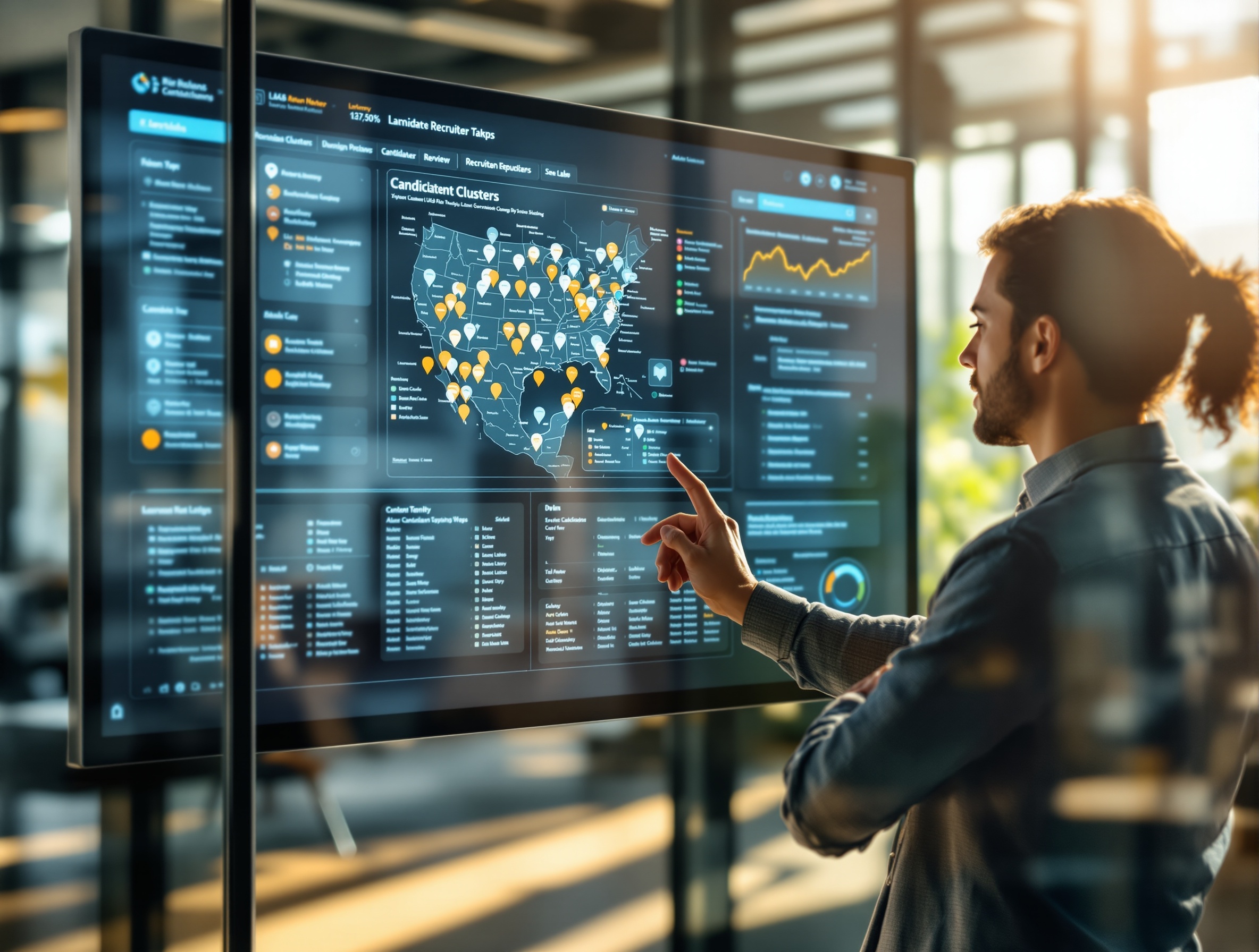 Recruiter using a digital map to visualize candidate pools in a modern office