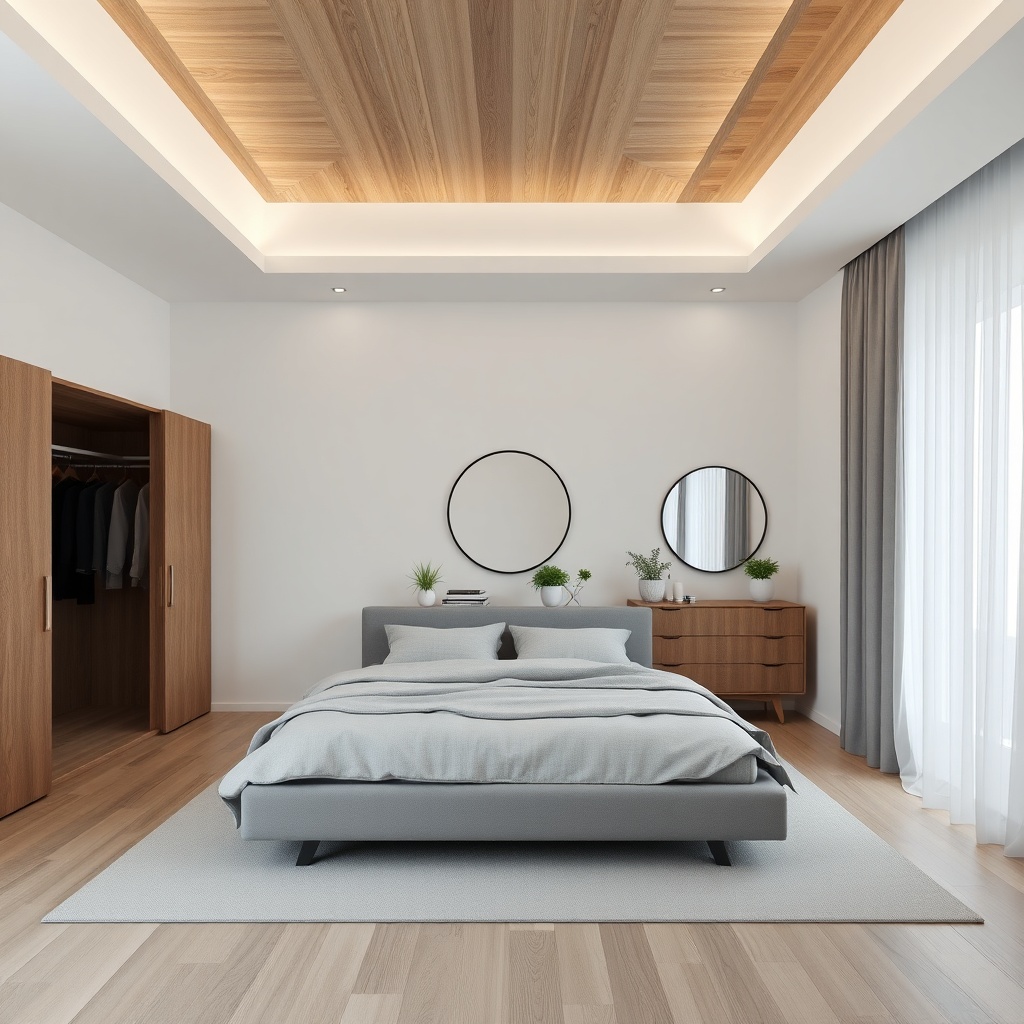Modern minimalist bedroom with grey platform bed, linen bedding, wood ceiling detail, open wardrobe, wood dresser, round mirror, potted plants, photorealistic interior design photography, 8k