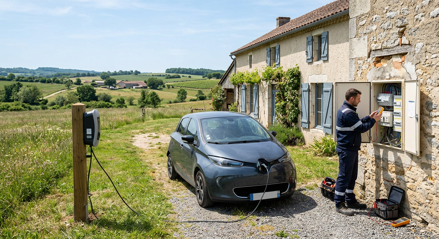 Installation extérieure réaliste d'une borne de recharge électrique IRVE individuelle avec un installateur près d'une maison un jour clair
