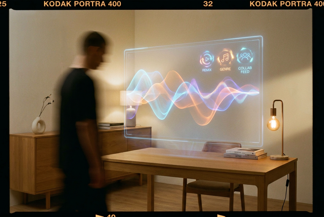 A futuristic music streaming interface showing remix controls and waveforms with glowing neon accents