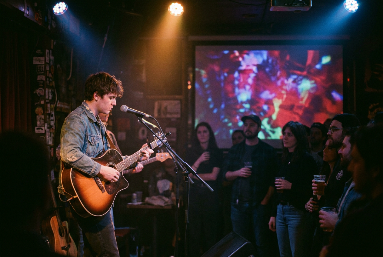 An indie musician performing in a small venue with AI-generated visuals projected behind them
