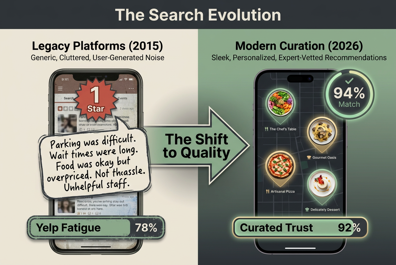 Comparison chart showing the evolution from legacy review apps with negative feedback to modern 2026 curation apps focused on quality and mapping.