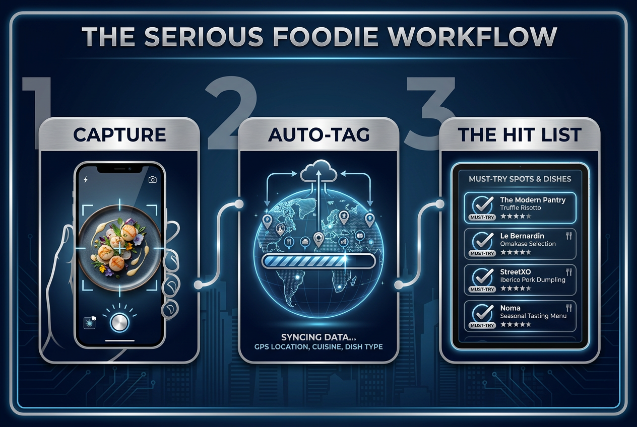 Infographic showing a 3-step workflow for foodies: capturing a dish, auto-tagging the location, and syncing it to a curated personal hit list.
