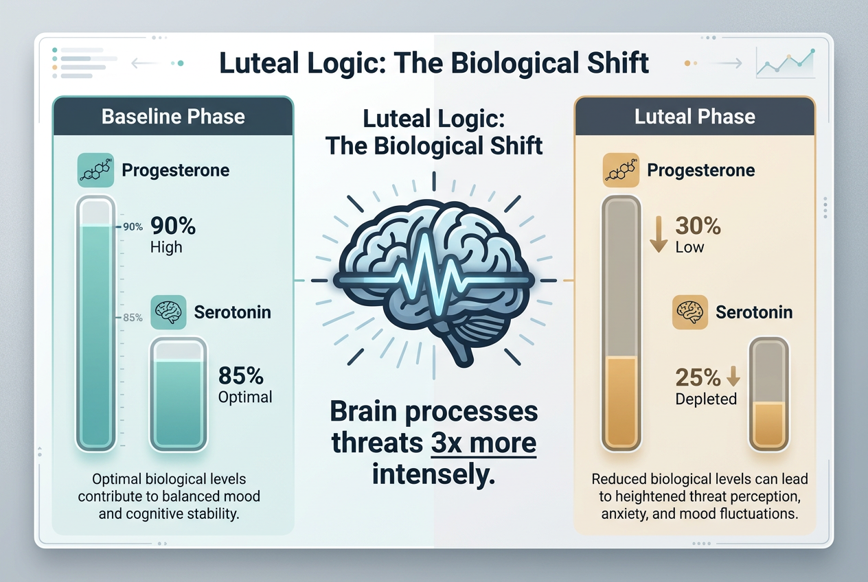 Infographic comparing progesterone and serotonin levels between the baseline phase and luteal phase, showing the biological drop in hormone levels.