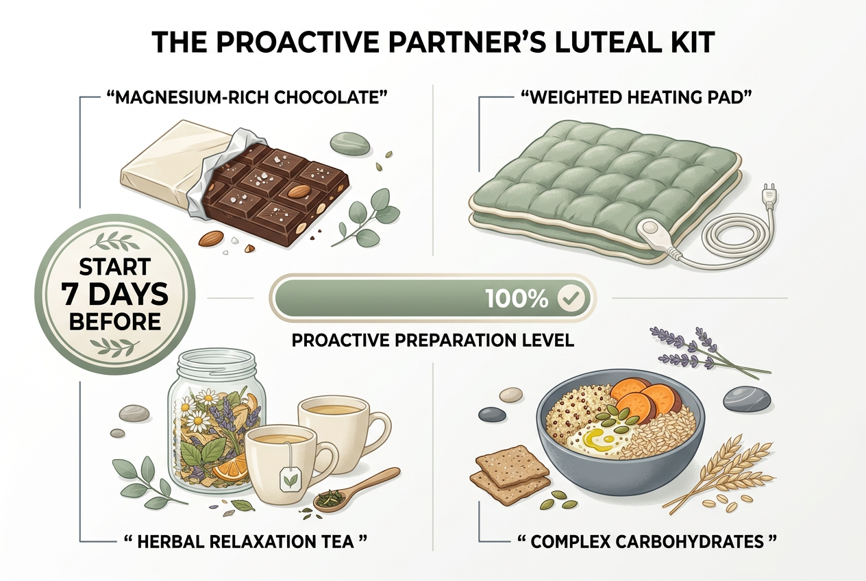 A flat-lay visual shopping list for a luteal phase survival kit, including items like magnesium chocolate, heating pads, and herbal tea.