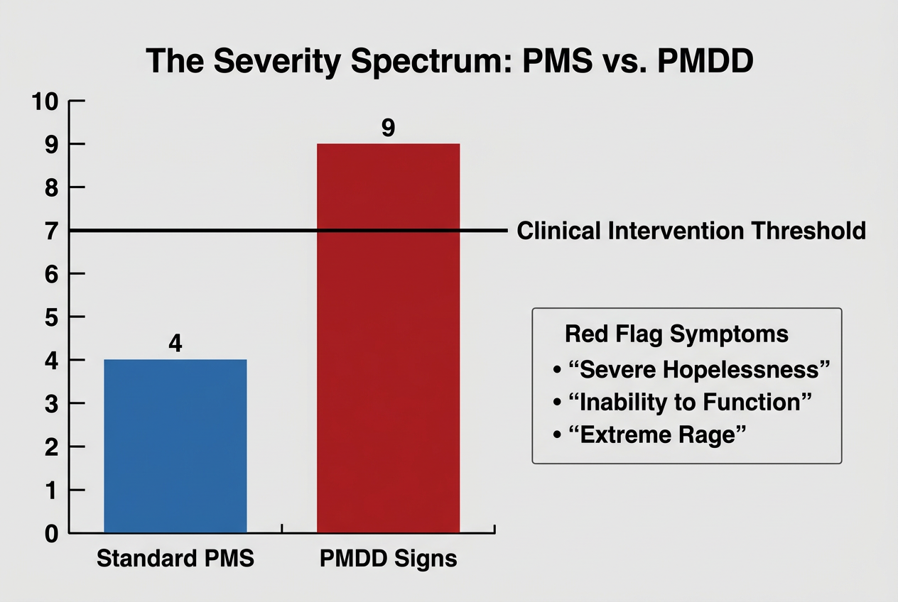 A comparison bar chart showing the difference in intensity between standard PMS and PMDD, highlighting the clinical intervention threshold for severe cases.