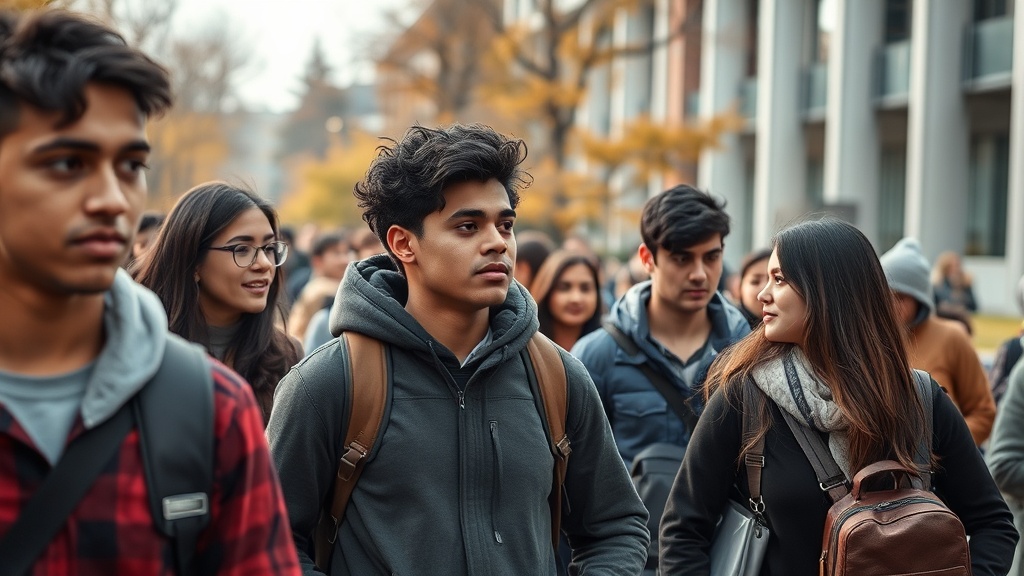 A busy Canadian university campus bustling with diverse international students, mid-day, autumn season. No branding or text.