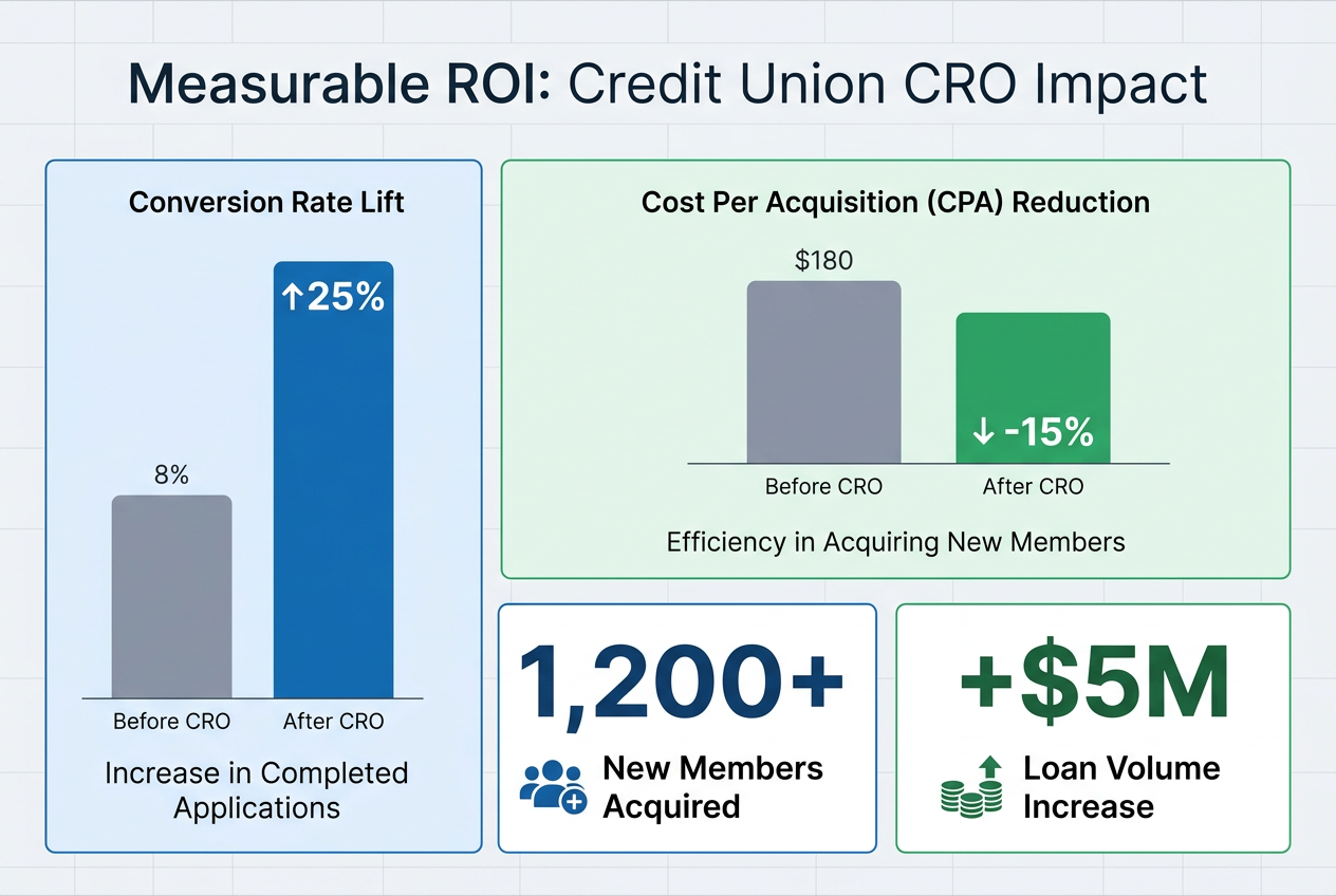 Dashboard showing Credit Union CRO ROI: +25% conversion lift, -15% CPA reduction, 1200+ new members, and +$5M loan volume increase.