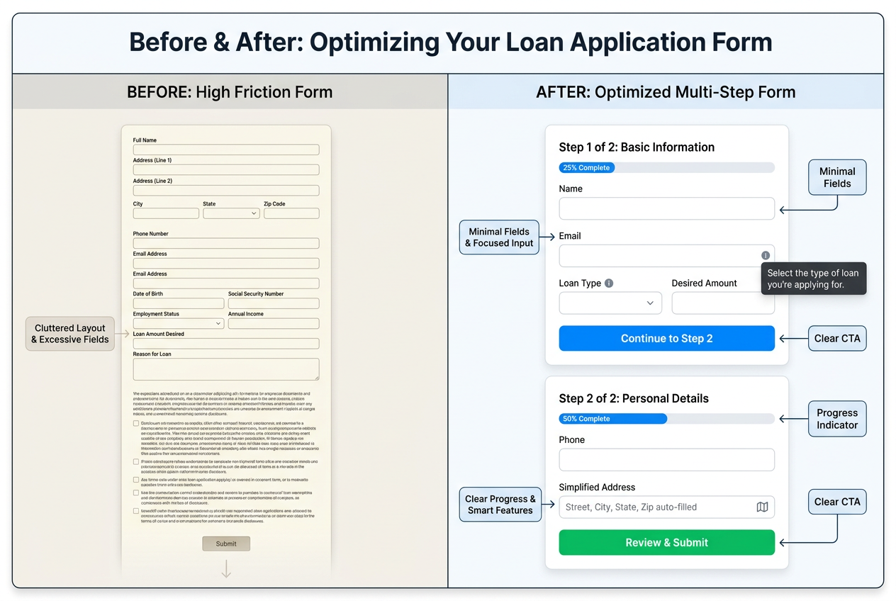 Before and After comparison of a credit union loan application form, showing a high-friction single-page form versus an optimized multi-step form.