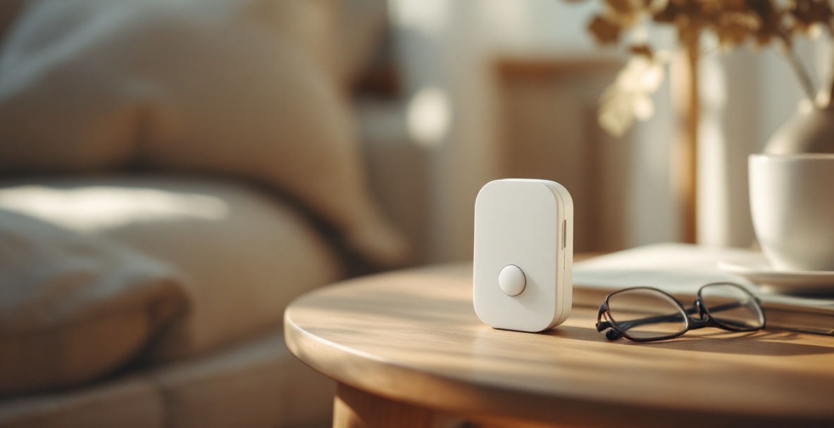 Campanello wireless per anziani su tavolino in soggiorno italiano luminoso