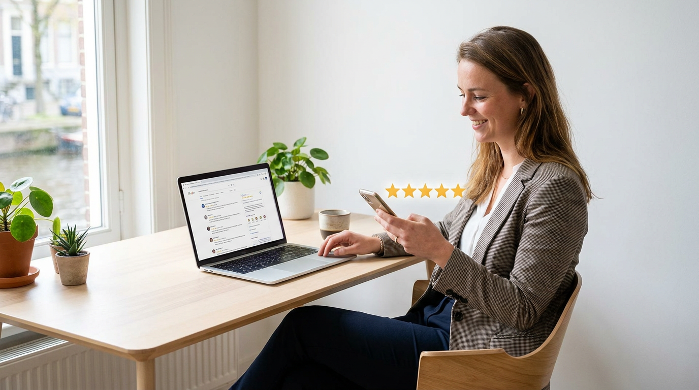 Ondernemer bekijkt Google reviews op haar telefoon