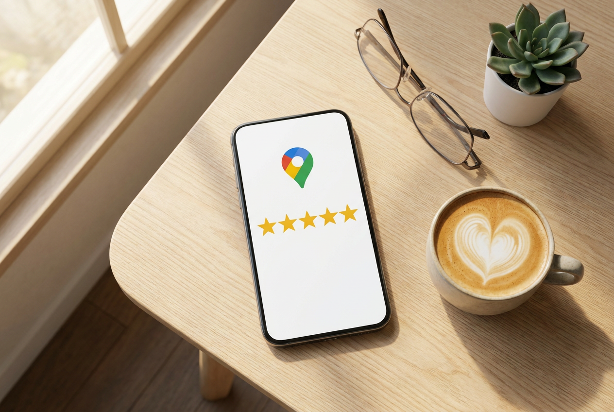 Smartphone met Google review scherm en vijf sterren