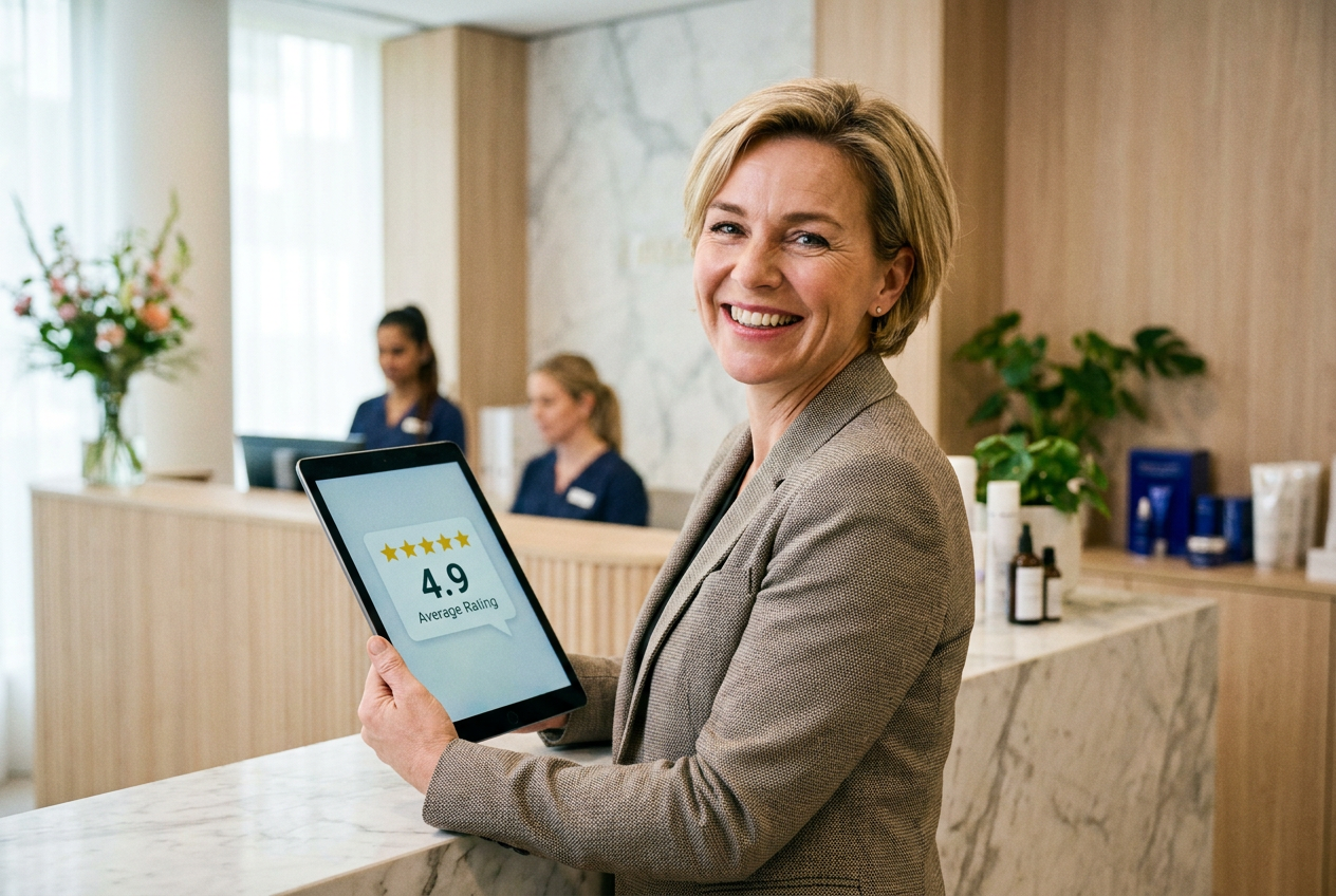 Ondernemer bij receptie bekijkt review-notificaties op tablet