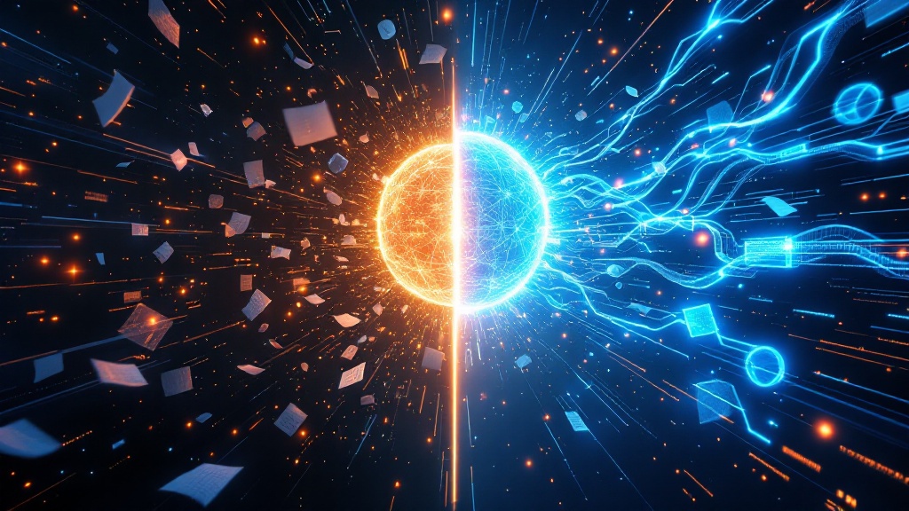 Futuristic AI knowledge management system interface with digital data flow and neural network visuals