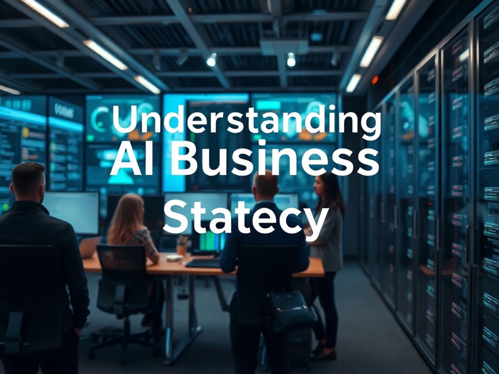 Illustration of AI business strategy concepts with digital graphs and futuristic technology elements