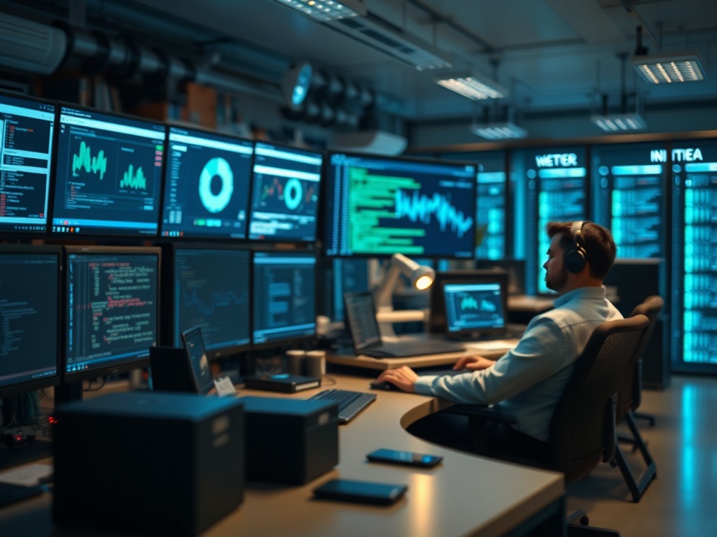 Illustration of a developer using AI coding assistants to enhance productivity in software development.