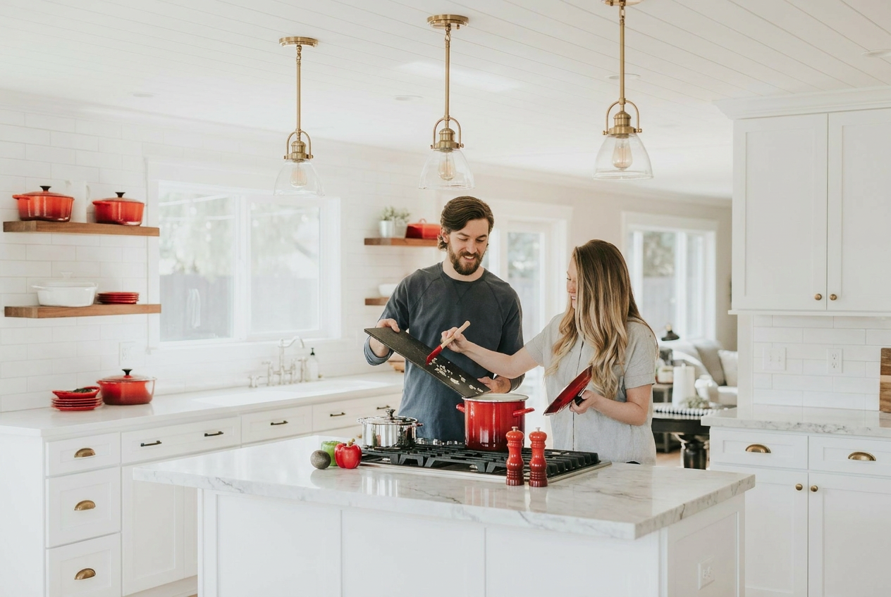 Reimagine this kitchen with white shaker cabinets, brass hardware, marble counte
