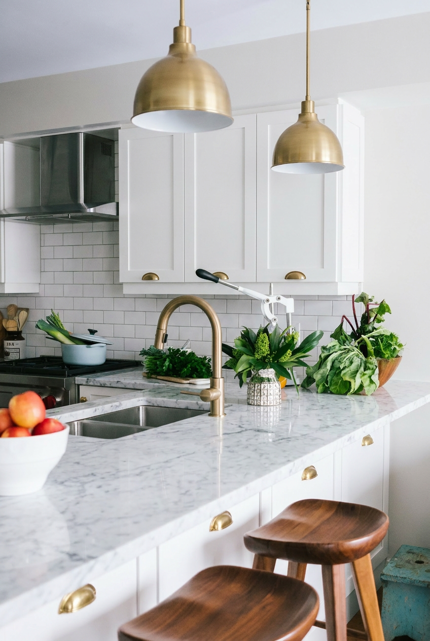 Reimagine this kitchen with white shaker cabinets, brass hardware, marble counte