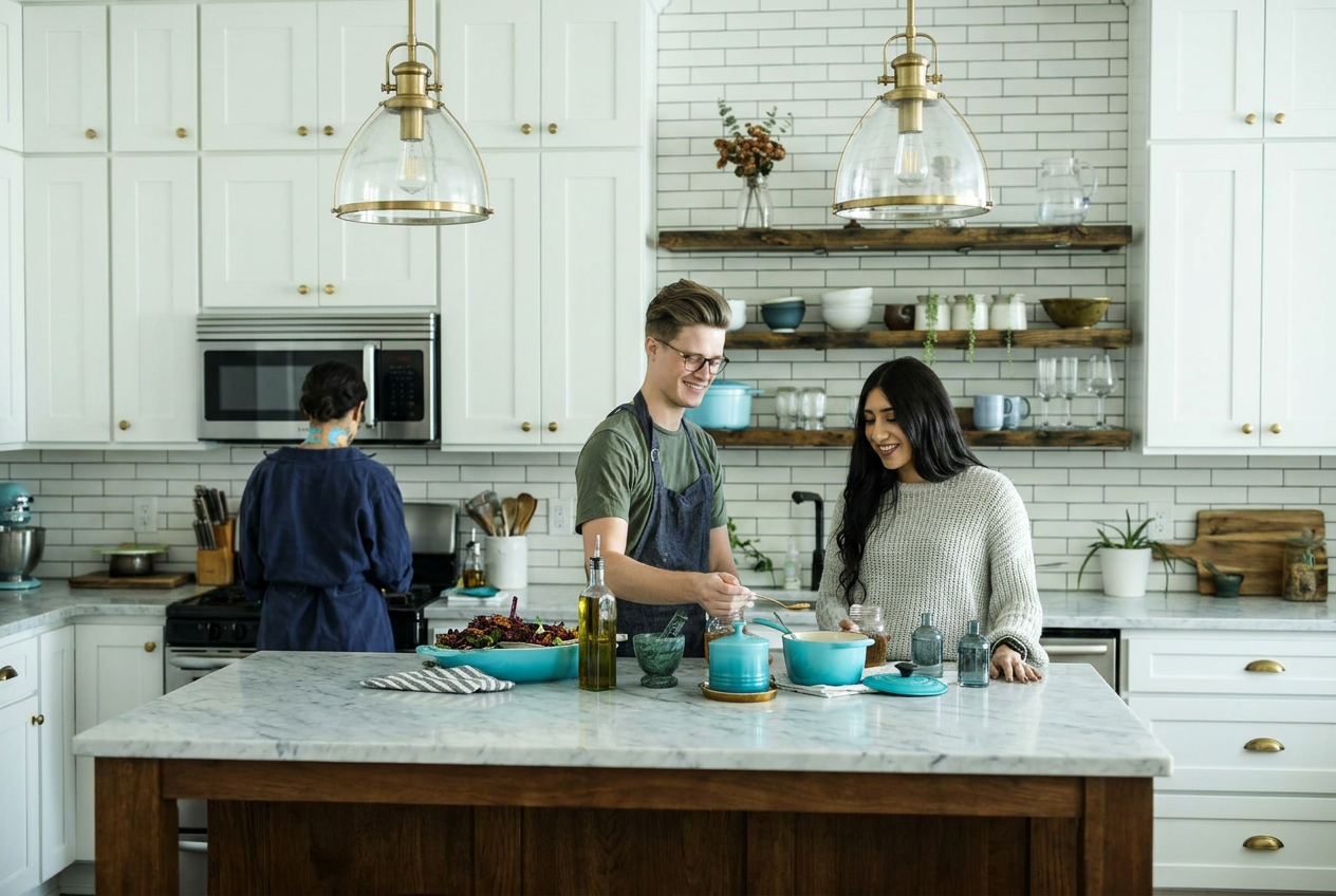 Reimagine this kitchen with white shaker cabinets, brass hardware, marble counte