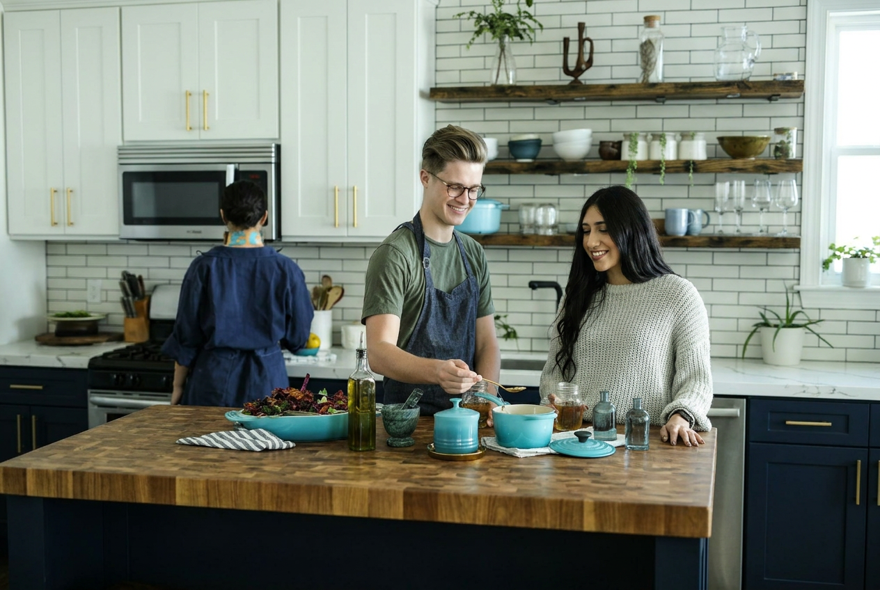 Reimagine this kitchen with dark navy lower cabinets, white upper cabinets, gold