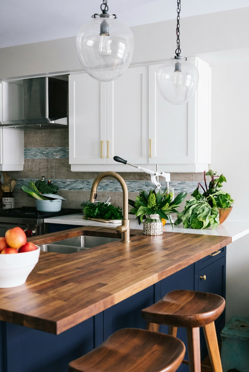 Reimagine this kitchen with dark navy lower cabinets, white upper cabinets, gold