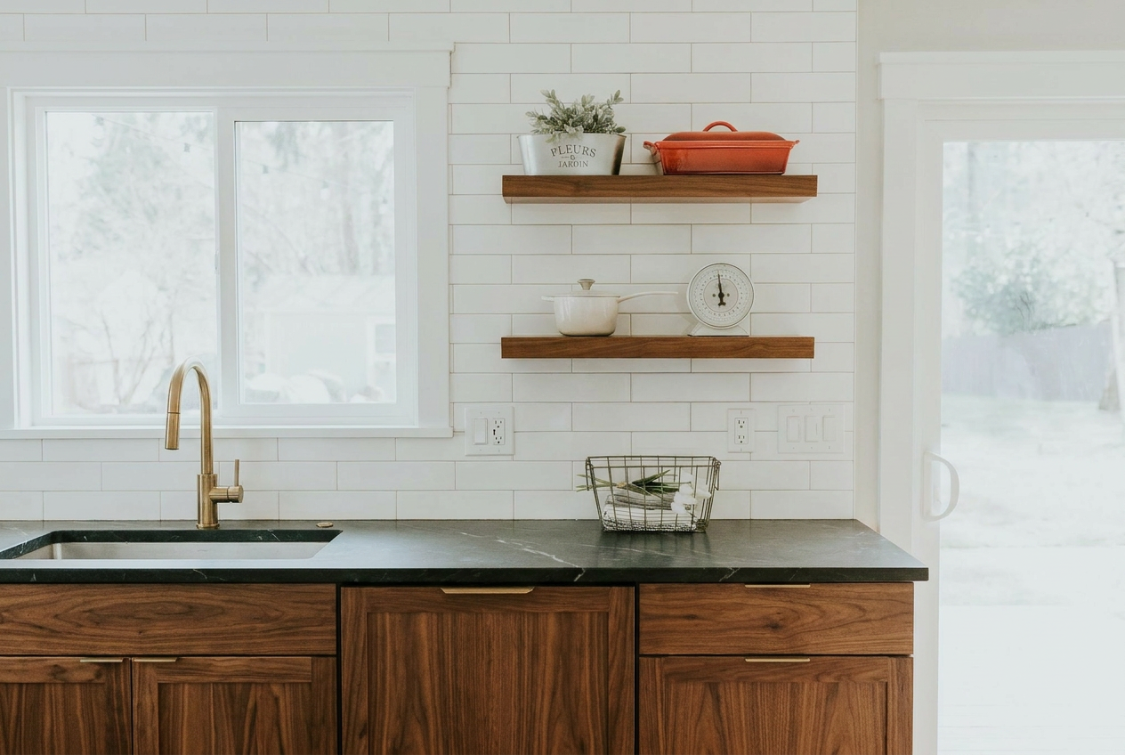Reimagine this kitchen with all-walnut cabinets, soapstone counters, brass fauce