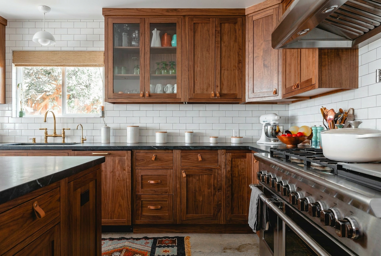 Reimagine this kitchen with all-walnut cabinets, soapstone counters, brass fauce