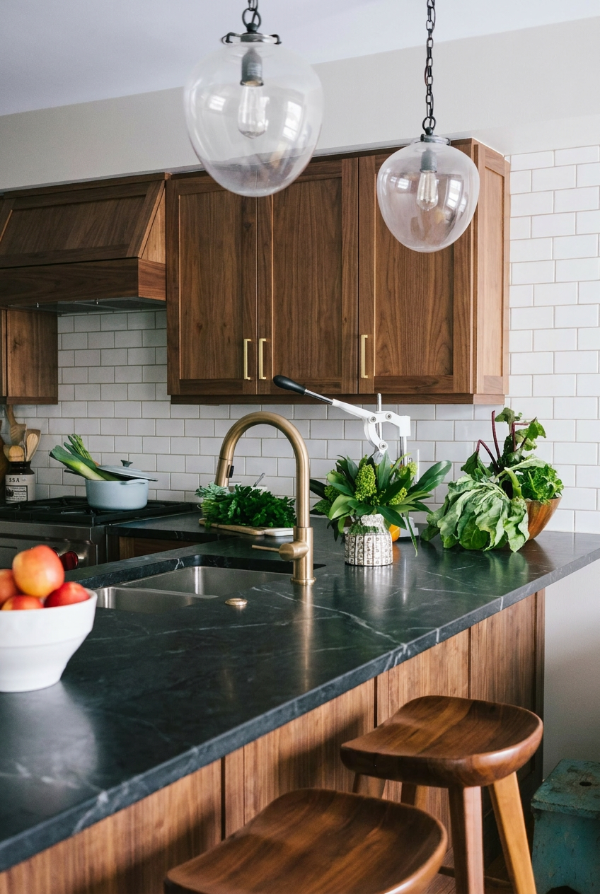 Reimagine this kitchen with all-walnut cabinets, soapstone counters, brass fauce