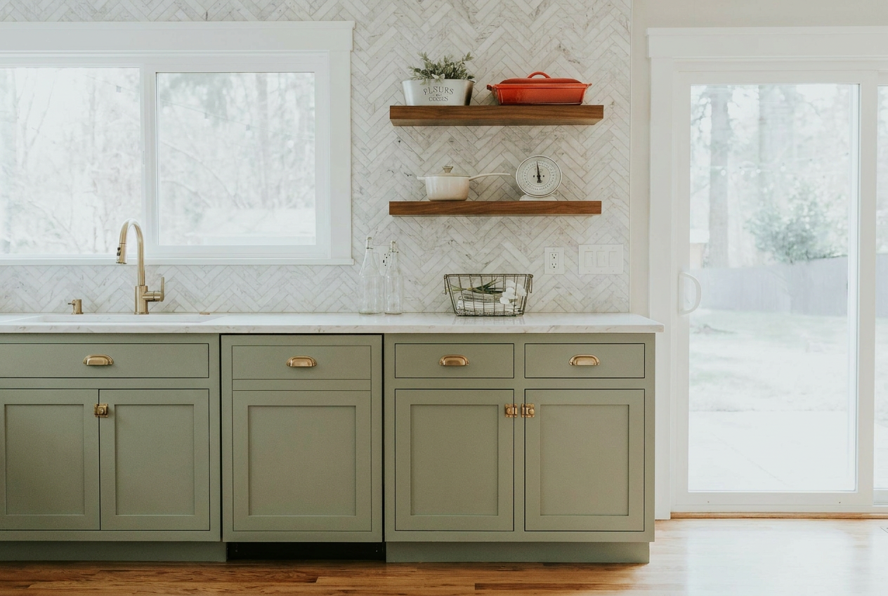 Reimagine this kitchen with sage green inset cabinets, unlacquered brass hardwar