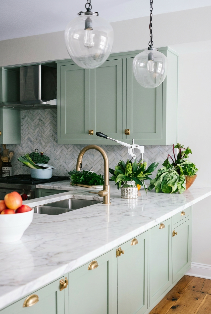 Reimagine this kitchen with sage green inset cabinets, unlacquered brass hardwar