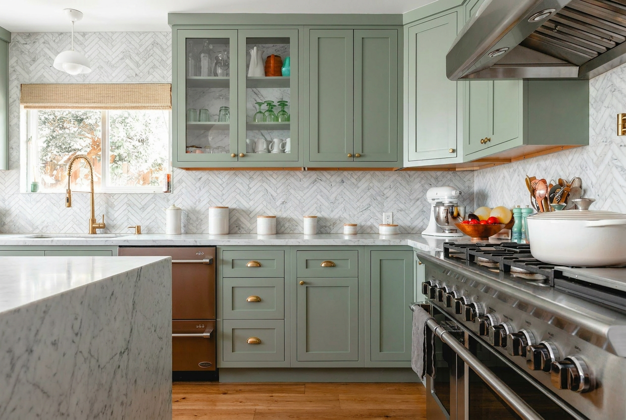 Reimagine this kitchen with sage green inset cabinets, unlacquered brass hardwar