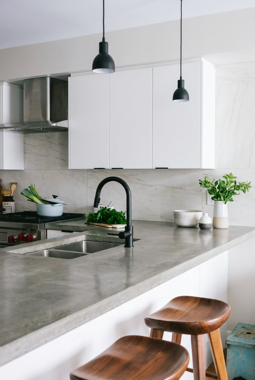 Reimagine this kitchen modern minimalist with flat-front white cabinets, black h