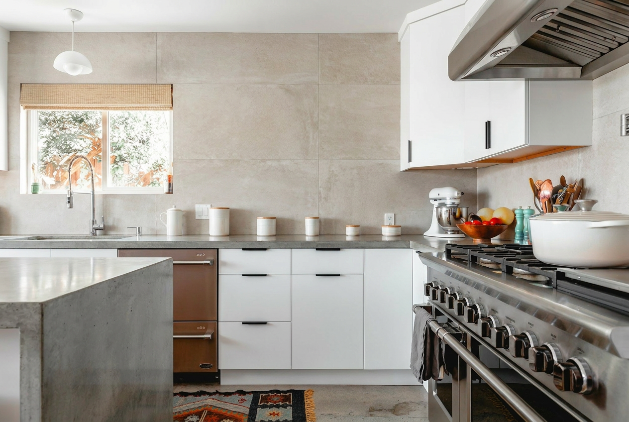 Reimagine this kitchen modern minimalist with flat-front white cabinets, black h