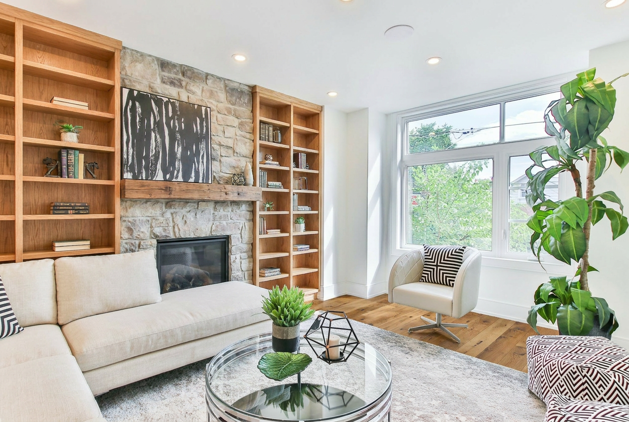 Reimagine this living room with a stone fireplace surround, built-in oak bookshe
