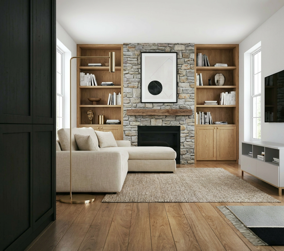 Reimagine this living room with a stone fireplace surround, built-in oak bookshe