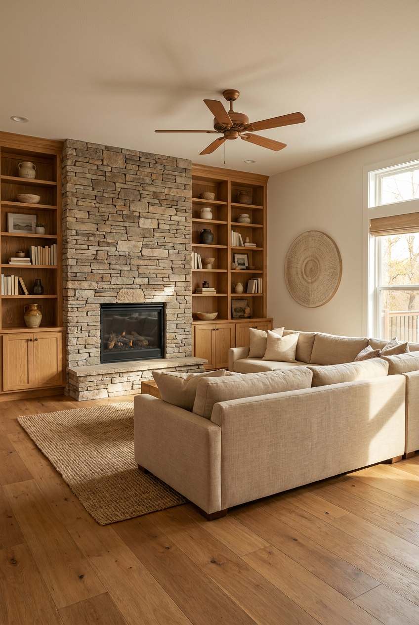 Reimagine this living room with a stone fireplace surround, built-in oak bookshe