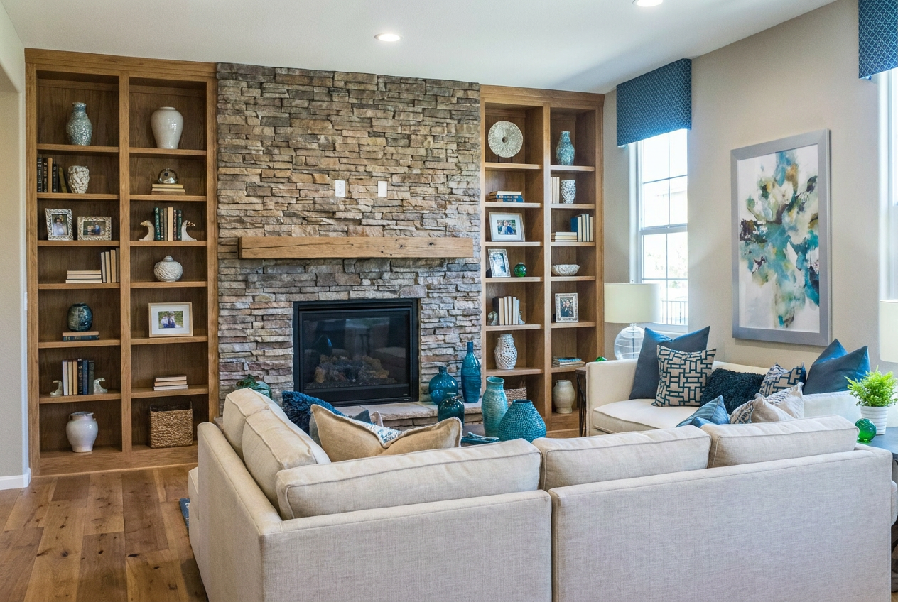 Reimagine this living room with a stone fireplace surround, built-in oak bookshe