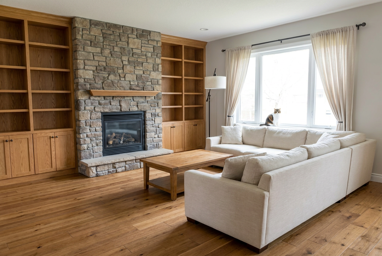 Reimagine this living room with a stone fireplace surround, built-in oak bookshe